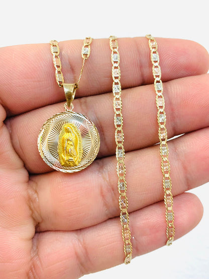 14K Tri-Color Real Gold Chain and Medal Set 20" 21x18mm Bezel Valentino Gold Chain with Virgen de Guadalupe Pendant/ Cadena y Dije Guadalupe