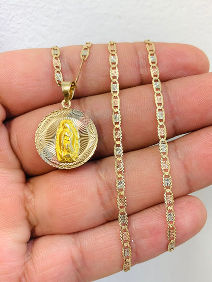 14K Tri-Color Real Gold Chain and Medal Set 20" 21x18mm Bezel Valentino Gold Chain with Virgen de Guadalupe Pendant/ Cadena y Dije Guadalupe