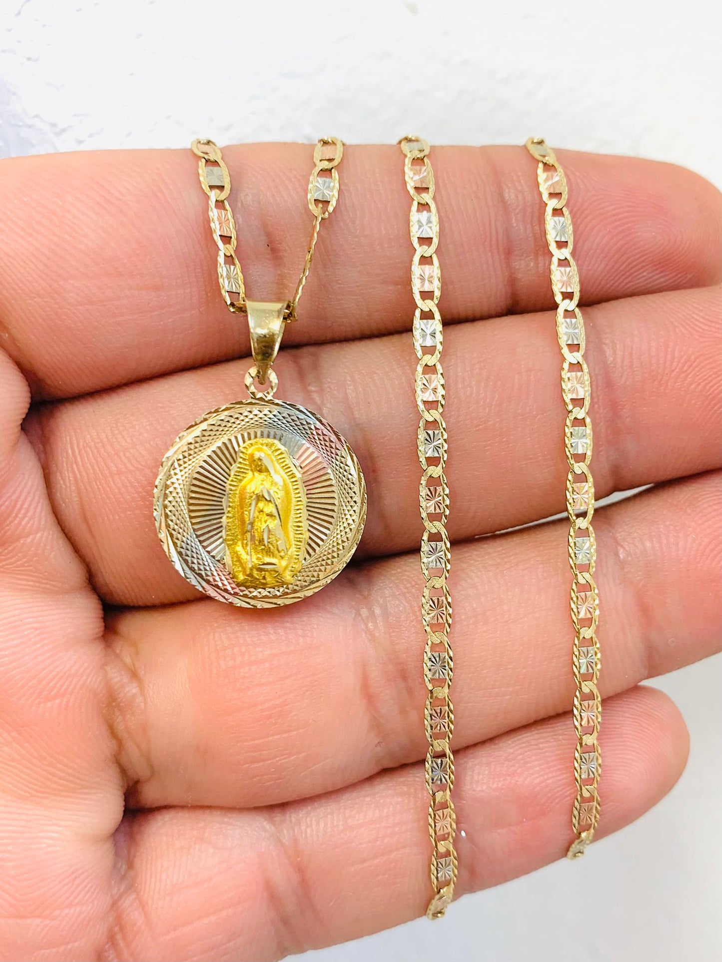 14K Tri-Color Real Gold Chain and Medal Set 20" 21x18mm Bezel Valentino Gold Chain with Virgen de Guadalupe Pendant/ Cadena y Dije Guadalupe