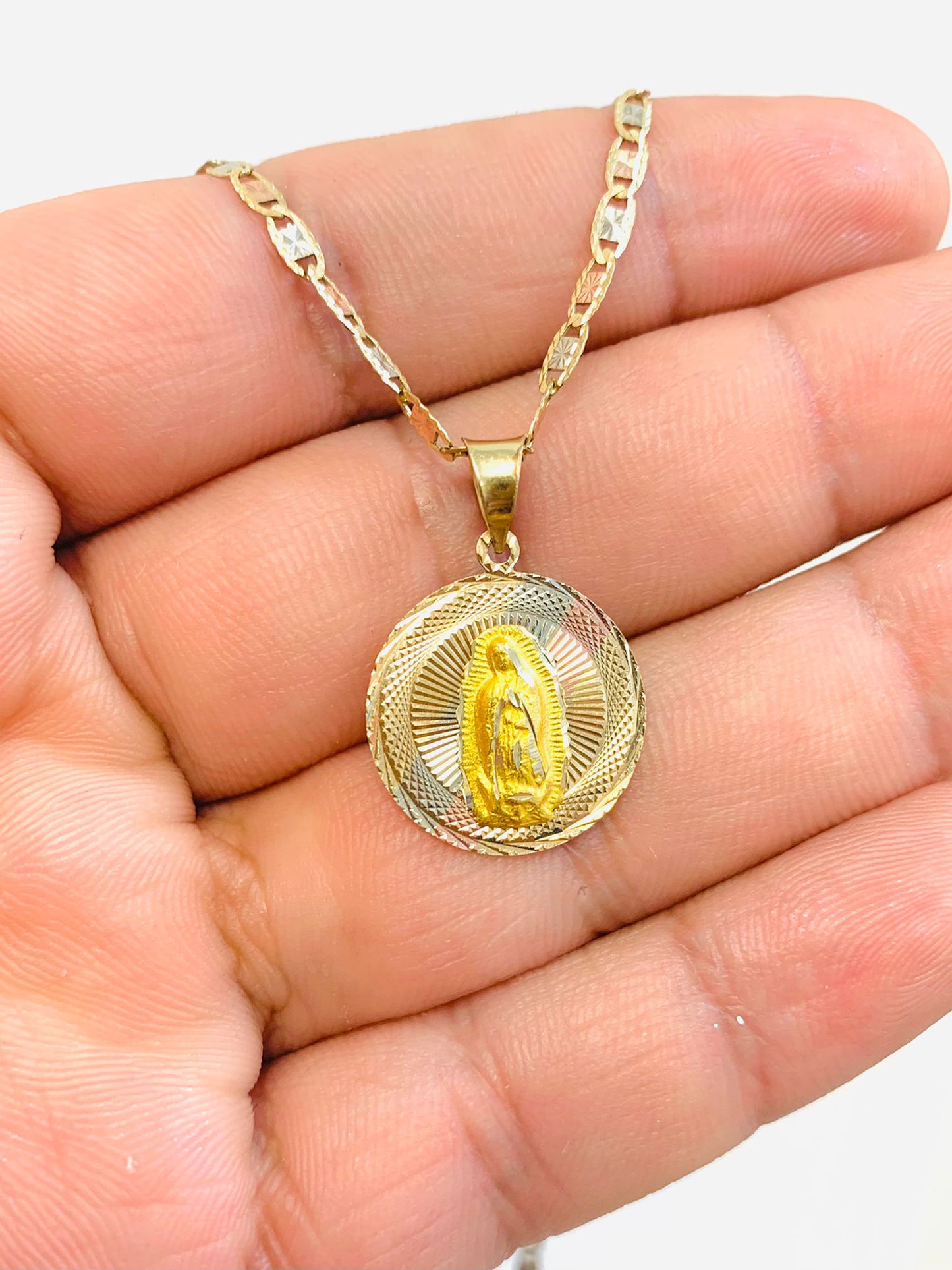 14K Tri-Color Real Gold Chain and Medal Set 20" 21x18mm Bezel Valentino Gold Chain with Virgen de Guadalupe Pendant/ Cadena y Dije Guadalupe