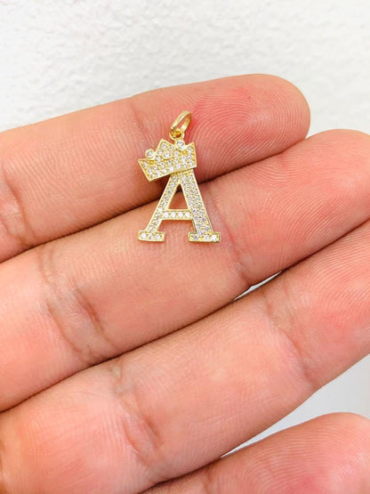 Initials Letters Pendant / 14k Yellow Gold Initials with Crown Cubic Zirconia Charm / Dije de las Iniciales en Oro