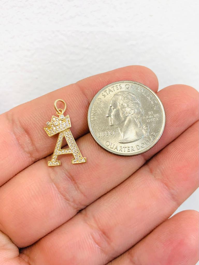 Cubic Zirconia "A" Initial with Tilted Crown Necklace Charm in 14K Gold / Charm Initials Letters Pendants