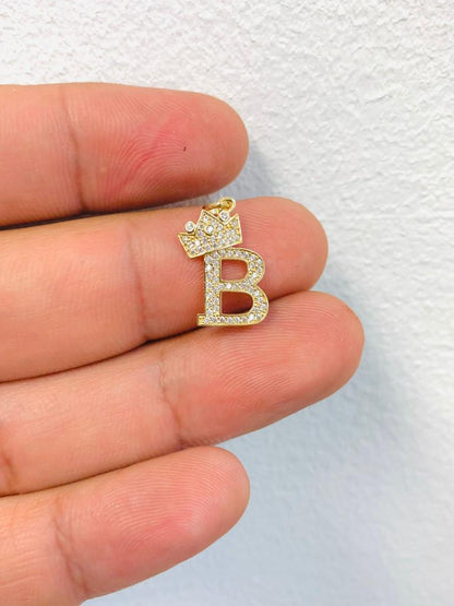 Initial Letter "B" Charm Pendant with Crown in Solid Yellow Gold 14K/ Charm Letter Pendant / Gold Dainty Pendant / Dije Iniciales en Oro 14K