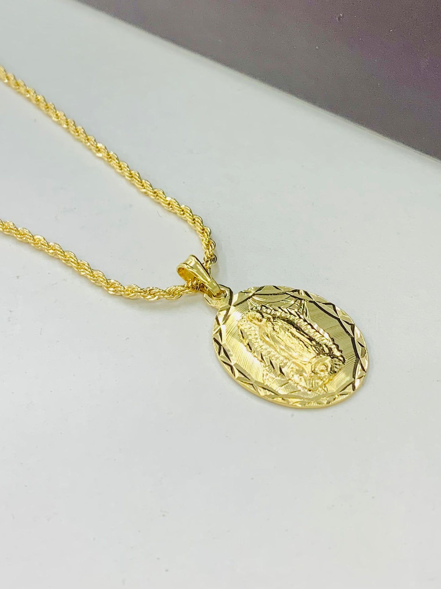 PrimeJewelry269 - 14K Yellow Gold Filled Virgen de Guadalupe Necklace Mens 24" Rope Chain Necklace