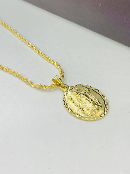 PrimeJewelry269 - 14K Yellow Gold Filled Virgen de Guadalupe Necklace Mens 24" Rope Chain Necklace