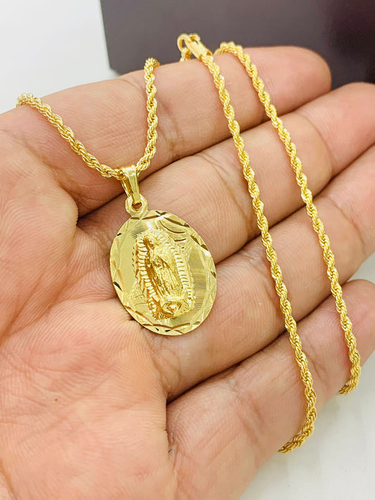 PrimeJewelry269 - 14K Yellow Gold Filled Virgen de Guadalupe Necklace Mens 24" Rope Chain Necklace