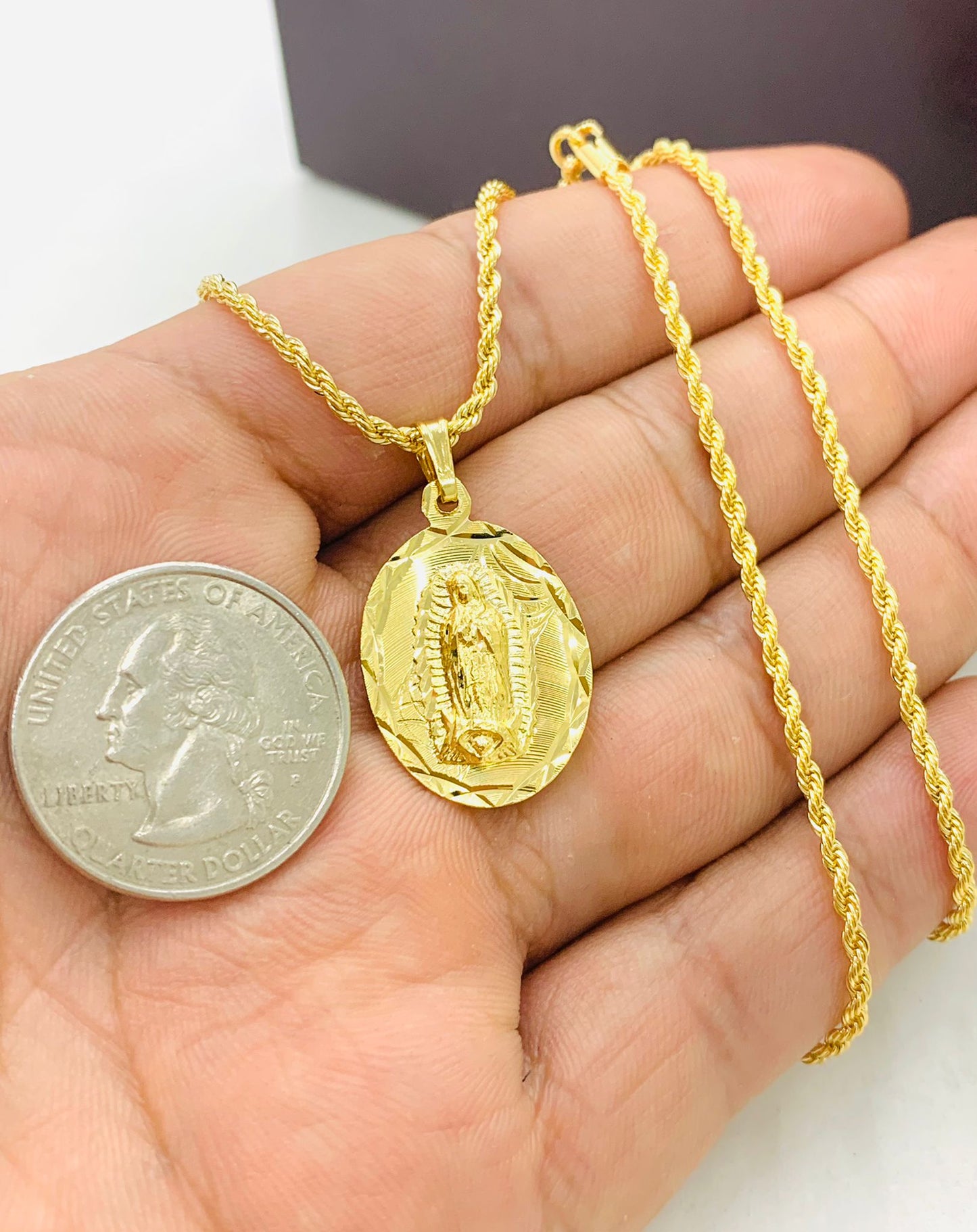 Yellow Gold Filled Virgen de Guadalupe Necklace for Womens Mens 26x18mm/ Dainty Necklace for Everyday / Cadena de la Guadalupe en Oro Unisex
