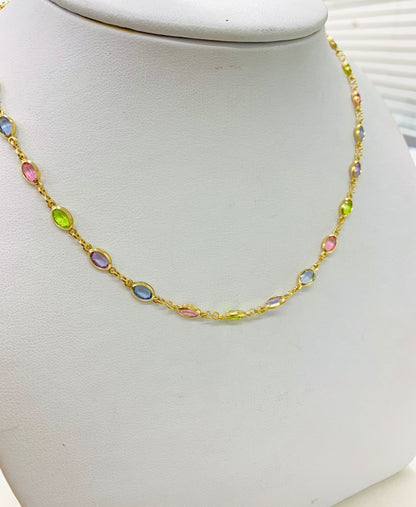 14K Gold Filled Multi Tone CZ Stones Necklace for Womens Ladies 19" / Everyday Necklace / Dainty Tiny Necklace / Cadena Multi Color de Mujer