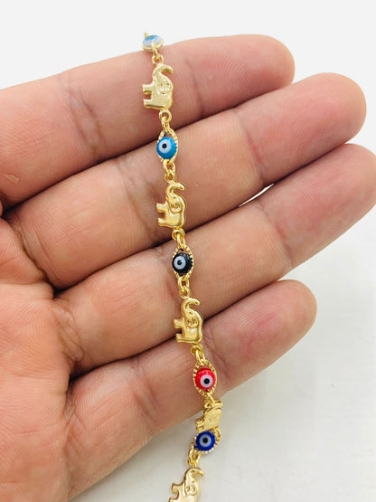 Women's Bracelet Elephant Evil Eye 7.5" / 14K Gold Filled Bracelet for Good Luck & Protection / Everyday Dainty Bracelet / Pulsera para Mujer en Oro Laminado