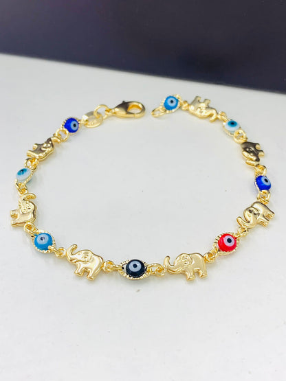 Women's Bracelet Elephant Evil Eye 7.5" / 14K Gold Filled Bracelet for Good Luck & Protection / Everyday Dainty Bracelet / Pulsera para Mujer en Oro Laminado