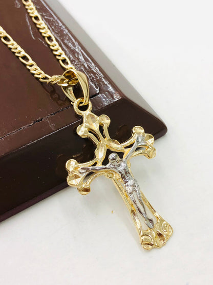 Cross Necklace Two Tone for Mens in Gold Filled Figaro Chain Necklace 24"/ Cadena con Dije de Cruz para Hombre 1.8x1.13" / Crucifix Necklace