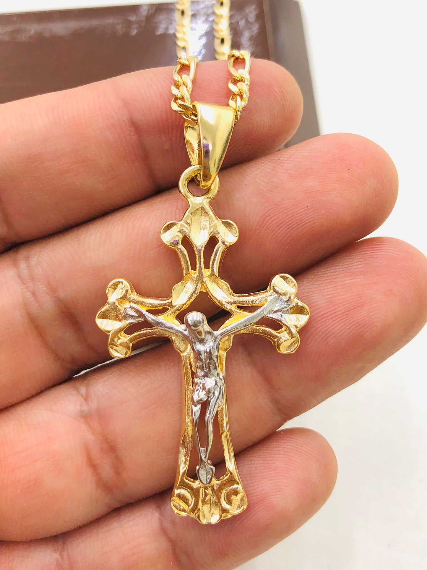 Cross Necklace Two Tone for Mens in Gold Filled Figaro Chain Necklace 24/  Cadena Con Dije De Cruz Para Hombre 1.8x1.13 / Crucifix Necklace 