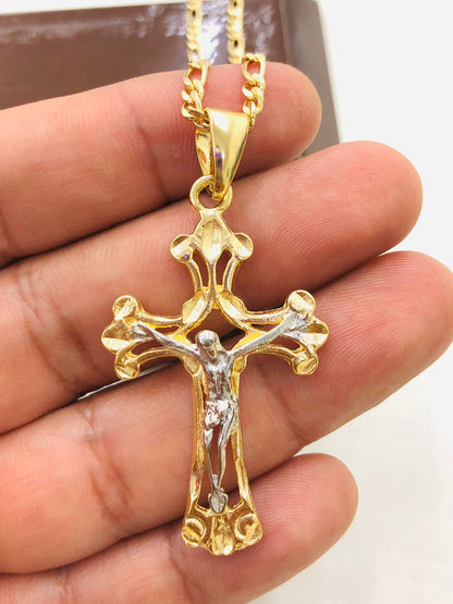 Cross Necklace Two Tone for Mens in Gold Filled Figaro Chain Necklace 24"/ Cadena con Dije de Cruz para Hombre 1.8x1.13" / Crucifix Necklace