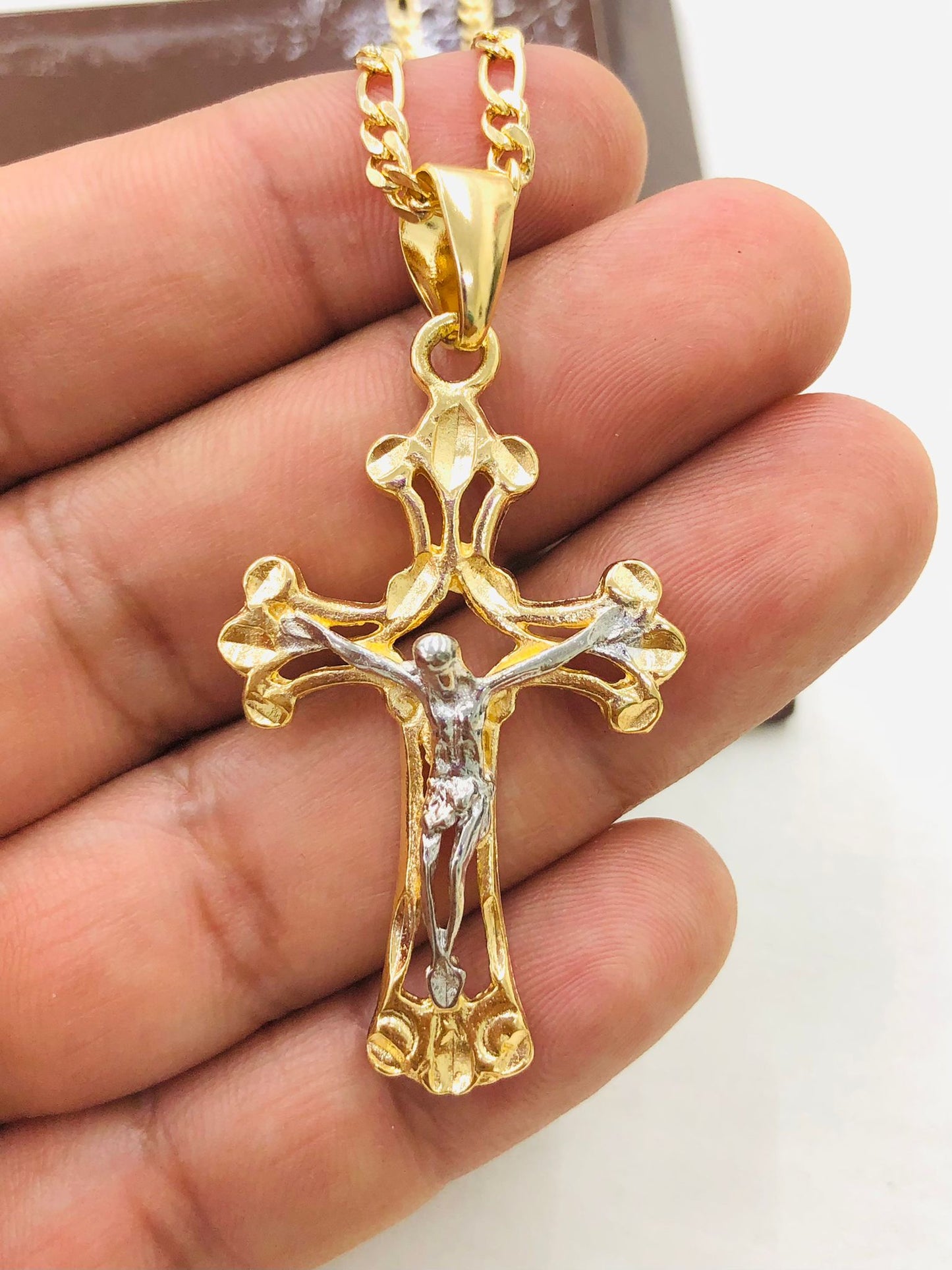 Cross Necklace Two Tone for Mens in Gold Filled Figaro Chain Necklace 24"/ Cadena con Dije de Cruz para Hombre 1.8x1.13" / Crucifix Necklace