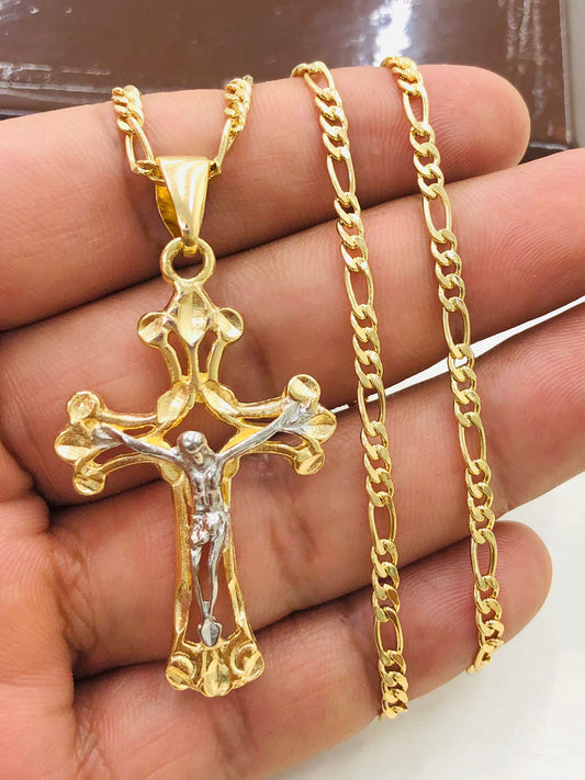 Cross Necklace Two Tone for Mens in Gold Filled Figaro Chain Necklace 24"/ Cadena con Dije de Cruz para Hombre 1.8x1.13" / Crucifix Necklace