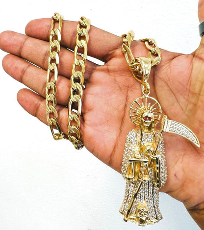 18K Gold Filled Santa Muerte Necklace Figaro Link Chain 24" INCH 30g