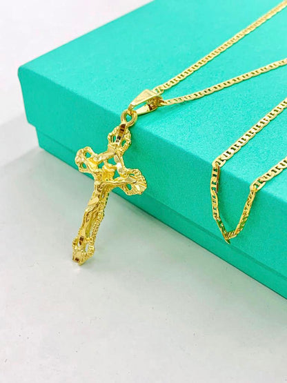 Cross Necklace Yellow Gold Filled Diamond Cut 37x21 Womens Mens Necklace Everyday Necklace Baptism Gift Communion Cross pendant Dije de Cruz