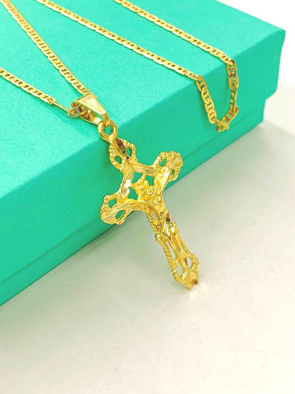 Cross Necklace Yellow Gold Filled Diamond Cut 37x21 Womens Mens Necklace Everyday Necklace Baptism Gift Communion Cross pendant Dije de Cruz