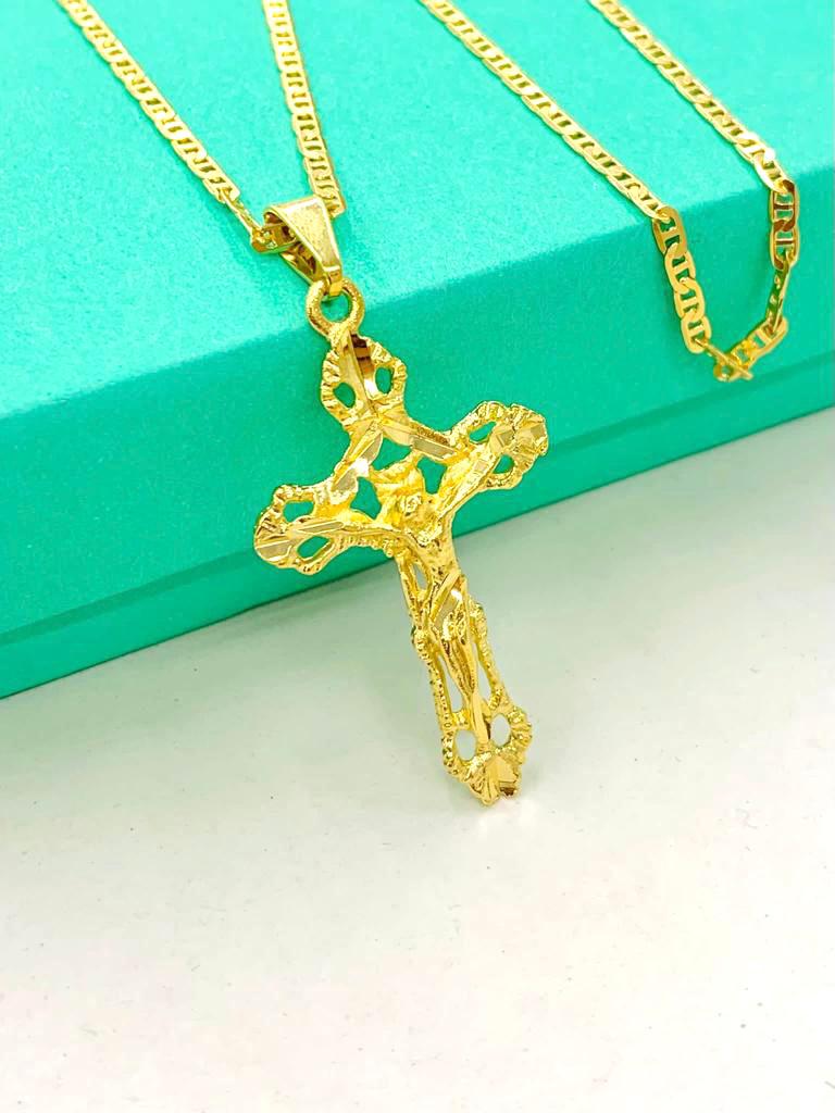 Cross Necklace Yellow Gold Filled Diamond Cut 37x21 Womens Mens Necklace Everyday Necklace Baptism Gift Communion Cross pendant Dije de Cruz