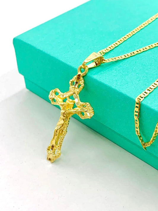 Cross Necklace Yellow Gold Filled Diamond Cut 37x21 Womens Mens Necklace Everyday Necklace Baptism Gift Communion Cross pendant Dije de Cruz