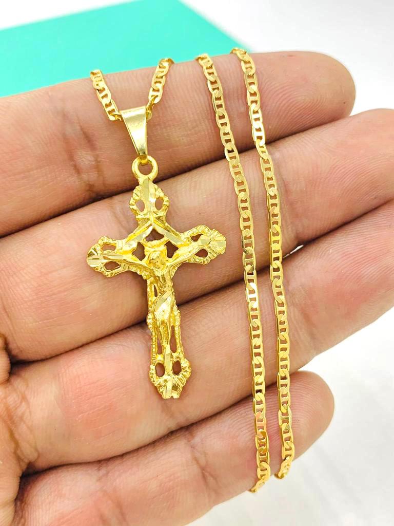 Cross Necklace Yellow Gold Filled Diamond Cut 37x21 Womens Mens Necklace Everyday Necklace Baptism Gift Communion Cross pendant Dije de Cruz