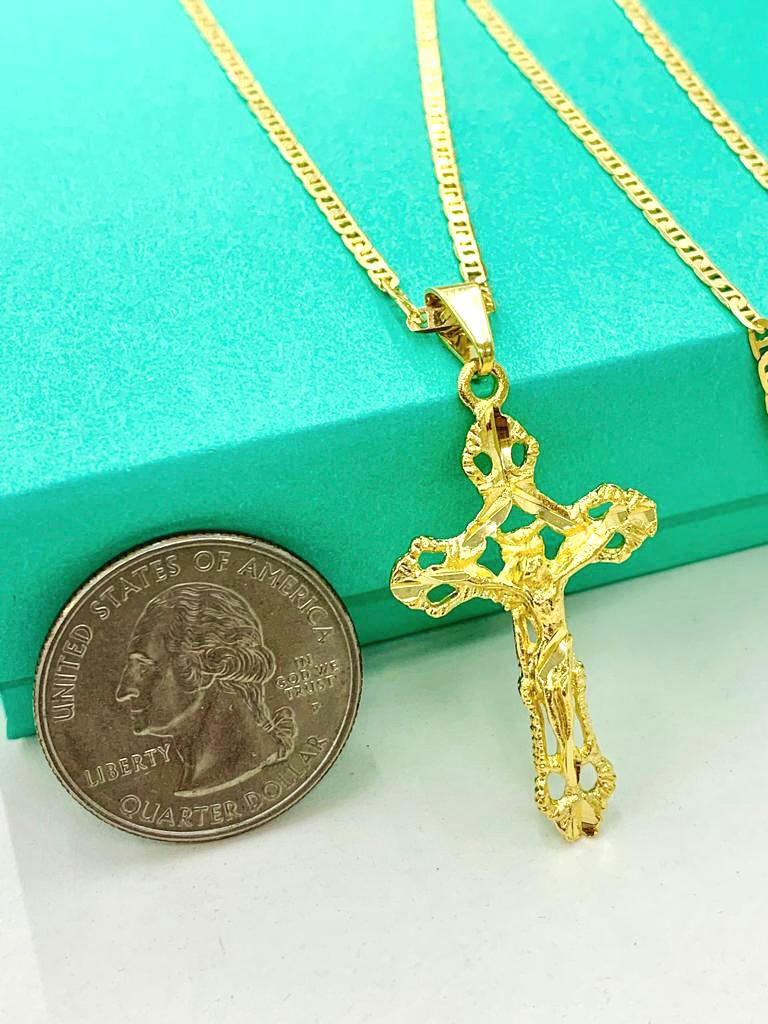 Cross Necklace Yellow Gold Filled Diamond Cut 37x21 Womens Mens Necklace Everyday Necklace Baptism Gift Communion Cross pendant Dije de Cruz