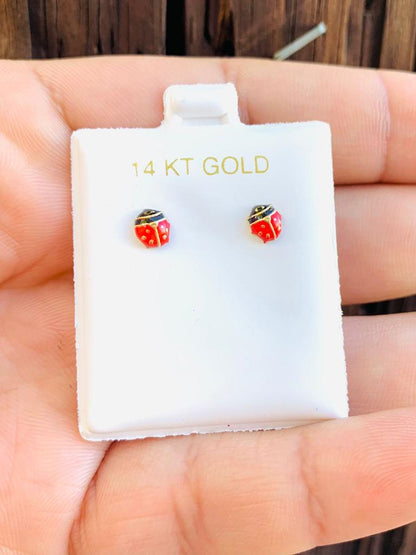 14k Yellow Gold Ladybug Baby Earrings, Children Screw Back Earrings with Enamel Baby Kids Earrings Gold Everyday Aretes para Ninas Oro Real