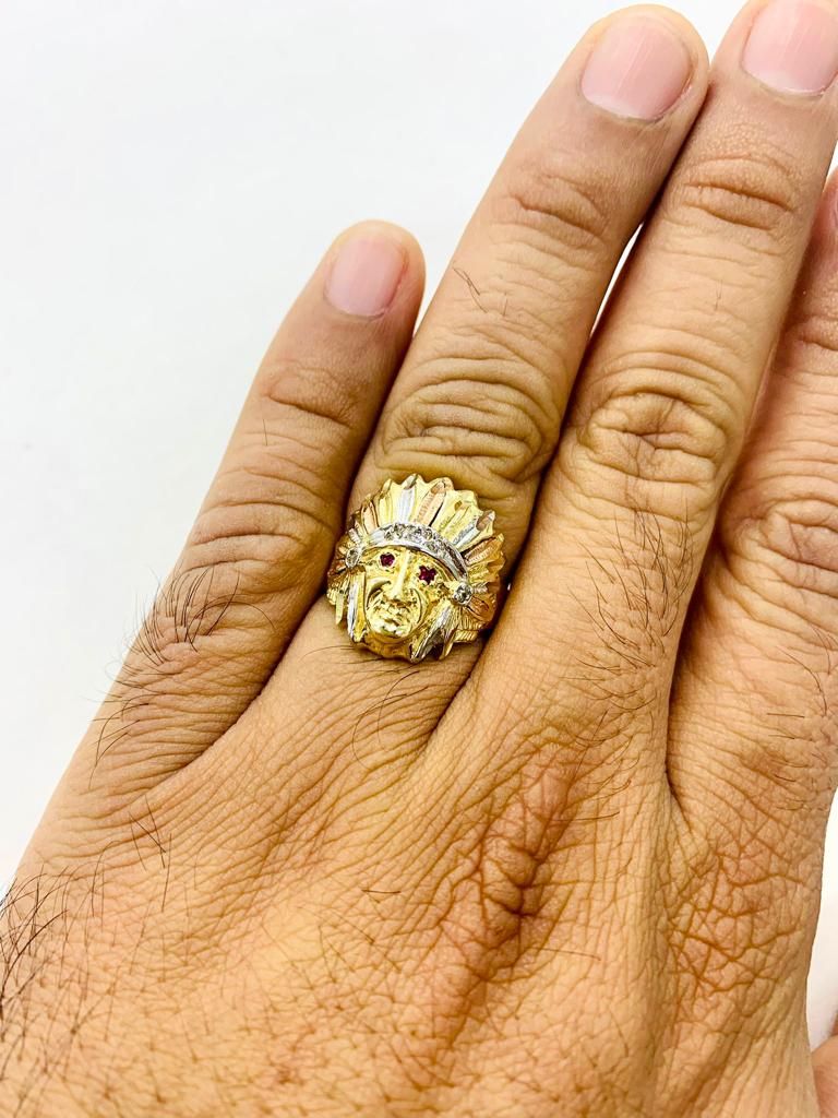 10k Yellow Gold Indian Chief Head Men's Ring With Cubic Zirconia - Hand Polished, Made In USA