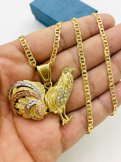 Cadena y Medalla De Oro Para Hombre De Gallo 3 Oros 33x45 18K Gold Filled Chicken Rooster Pendant Necklace for Mens Womens Mariner Chain 24"