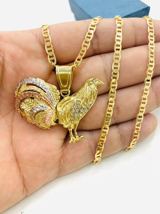 Cadena y Medalla De Oro Para Hombre De Gallo 3 Oros 33x45 18K Gold Filled Chicken Rooster Pendant Necklace for Mens Womens Mariner Chain 24"