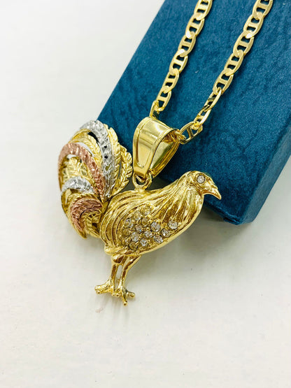 Cadena y Medalla De Oro Para Hombre De Gallo 3 Oros 33x45 18K Gold Filled Chicken Rooster Pendant Necklace for Mens Womens Mariner Chain 24"