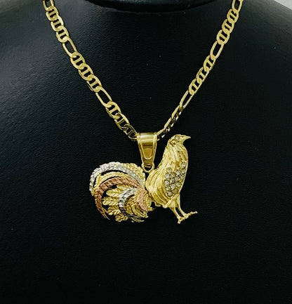 Cadena Y Medalla de Oro Para Hombre de Gallo 3 Oros 33x45 18K Gold Filled Chicken Rooster Pendant Necklace for Mens Womens Mariner Chain 24 inch