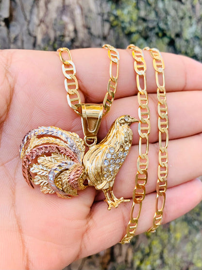 Rooster Necklace Pendant 33x45mm For Mens Figaro  24" 18K GF - Prime Jewelry 269