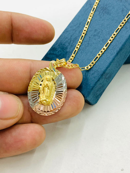 Tri Color Diamond Cut Virgen de Guadalupe Pendant Necklace Figaro Chain 20" Guadalupe Medal 29x20 Gold Filled for Women Medalla de Guadalupe