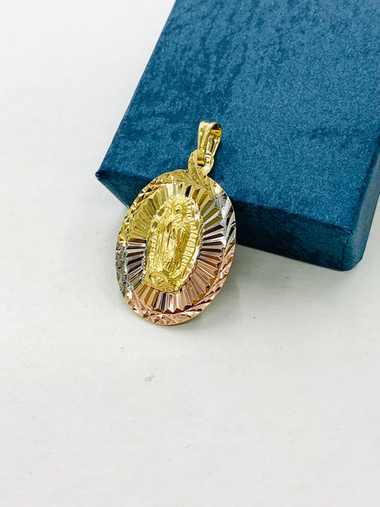 14K Gold Filled Diamond Cut Virgen de Guadalupe Pendant Charm 29x20mm Tri Color Medalla de la Virgen de Guadalupe Tres Oros Christmas Gift