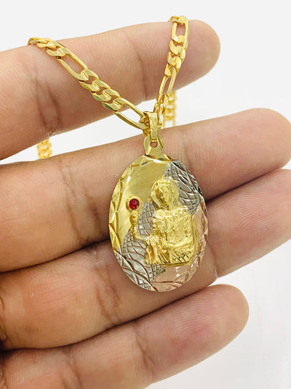 NEW Santa Barbara Necklace Tri Color Gold Filled for Mens 24" Figaro Link Chain Necklace St Barbara Pendant CZ Cadena de la Santa Barbara Oro