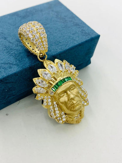 Indian Head Pendant for Men 14K Real Gold CZ 39x25 Native Chief Pendant