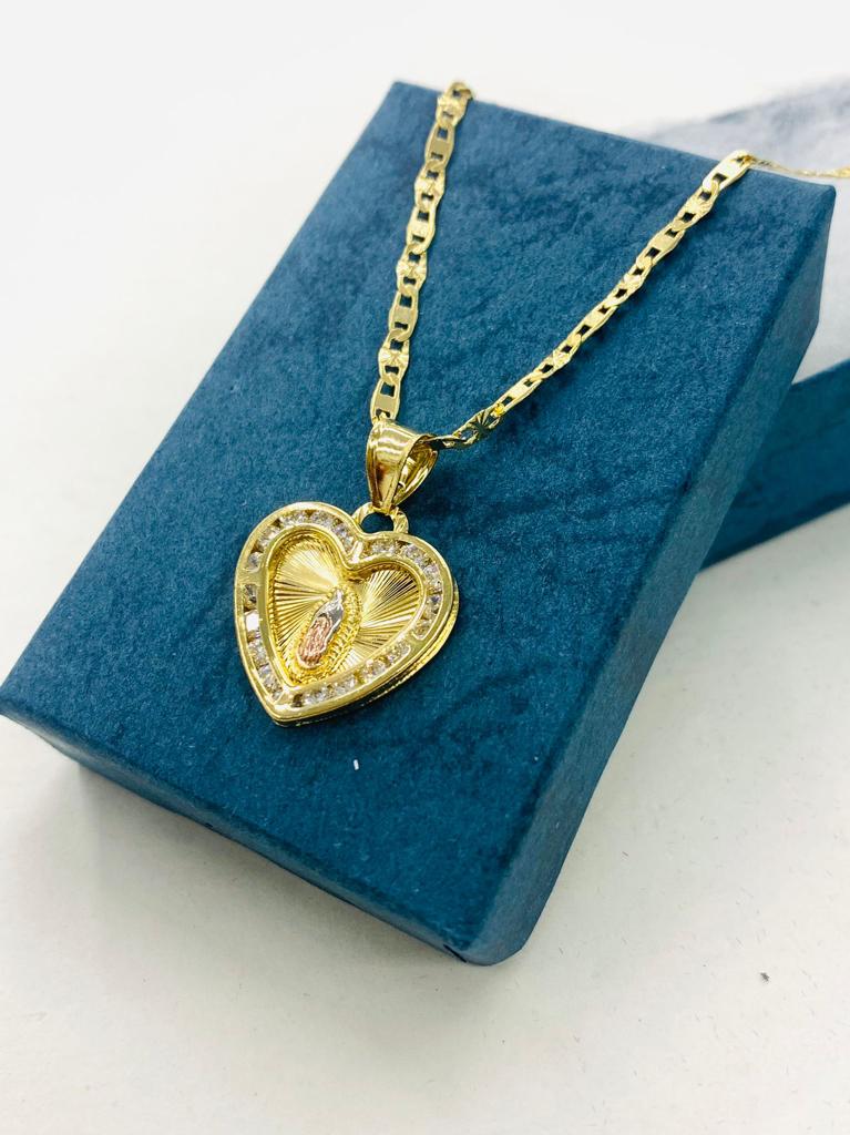 Virgen de Guadalupe Heart Necklace Pendant CZ 19x18mm in Gold Filled Valentino Chain