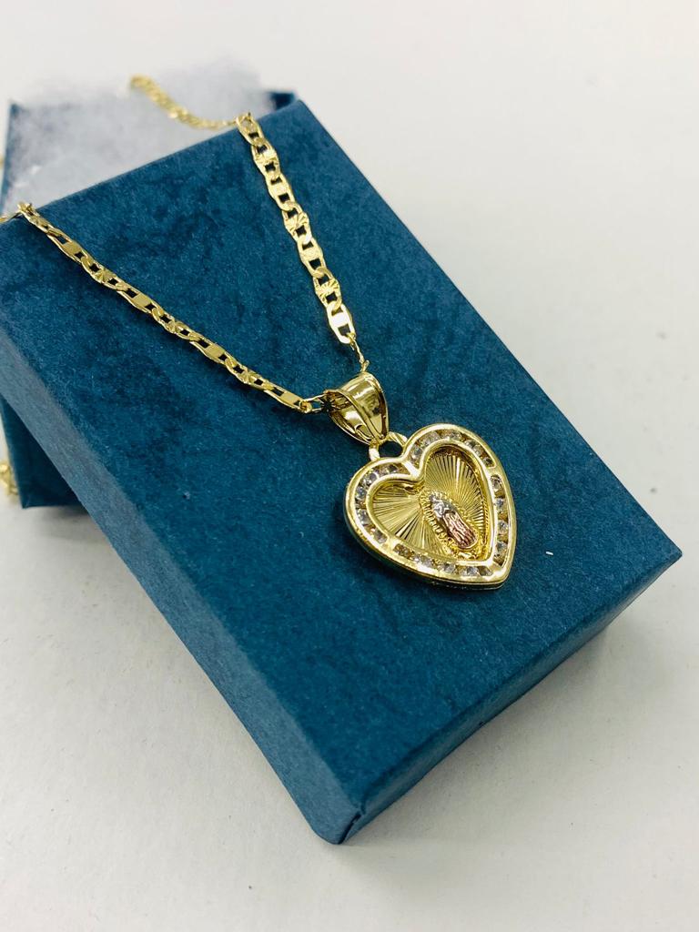 Virgen de Guadalupe Heart Necklace Pendant CZ 19x18mm in Gold Filled Valentino Chain