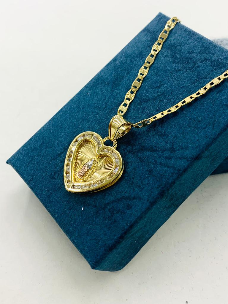 Virgen de Guadalupe Heart Necklace Pendant CZ 19x18mm in Gold Filled Valentino Chain