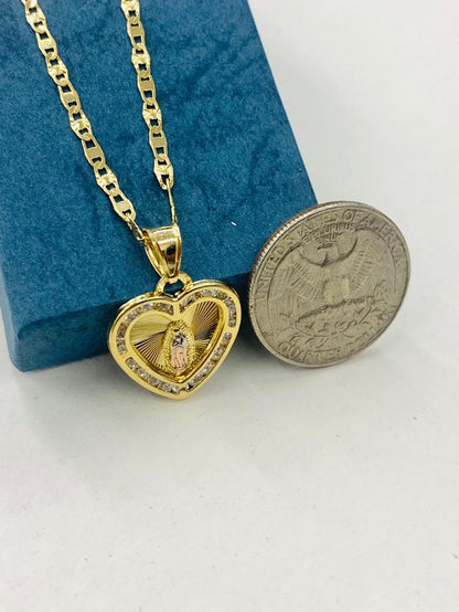 Virgen de Guadalupe Heart Necklace Pendant CZ 19x18mm in Gold Filled Valentino Chain