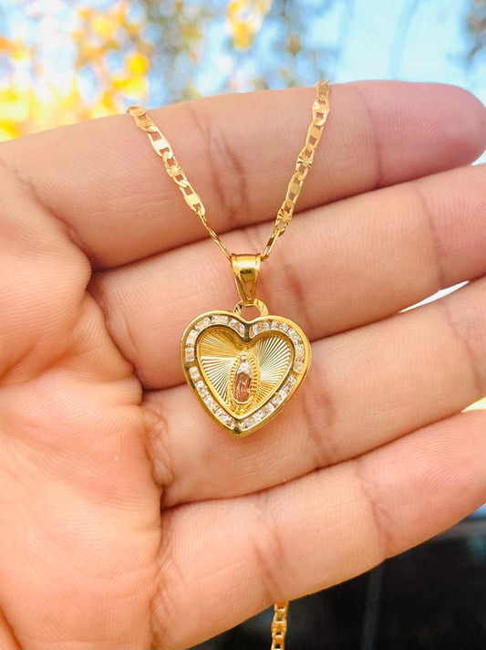 Virgen de Guadalupe Heart Necklace Pendant CZ 19x18mm in Gold Filled Valentino Chain