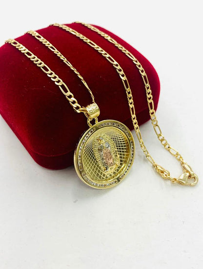 14K Gold Filled Tri Color Virgen de Guadalupe Necklace 28x25 Figaro Chain for Womens