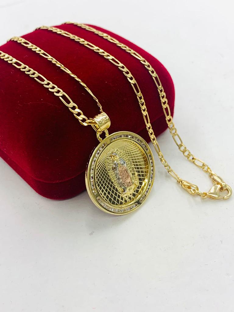 14K Gold Filled Tri Color Virgen de Guadalupe Necklace 28x25 Figaro Chain for Womens