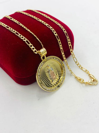 14K Gold Filled Tri Color Virgen de Guadalupe Necklace 28x25 Figaro Chain for Womens