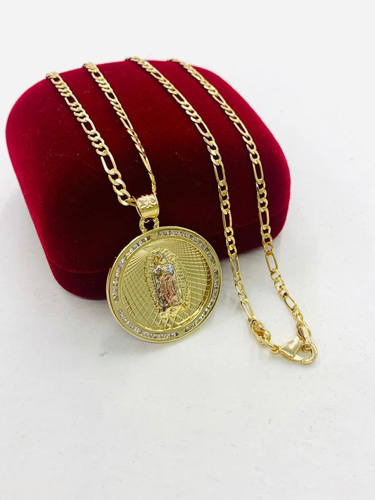 14K Gold Filled Tri Color Virgen de Guadalupe Necklace 28x25 Figaro Chain for Womens