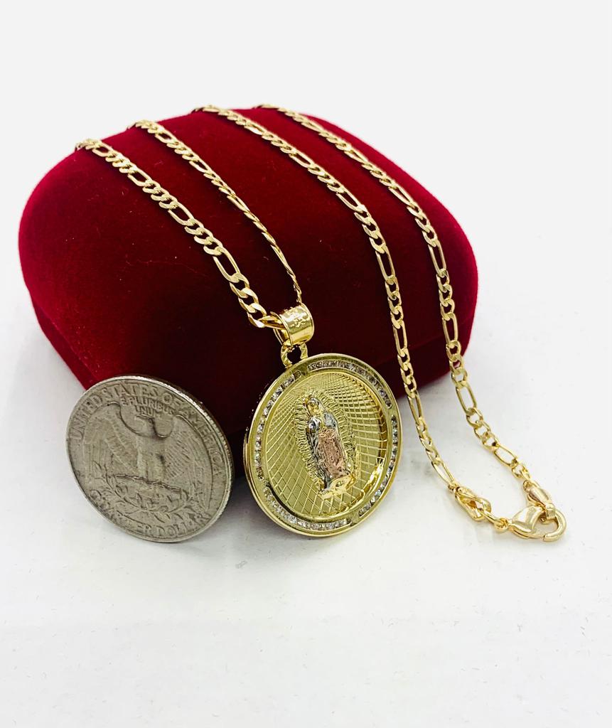 14K Gold Filled Tri Color Virgen de Guadalupe Necklace 28x25 Figaro Chain for Womens