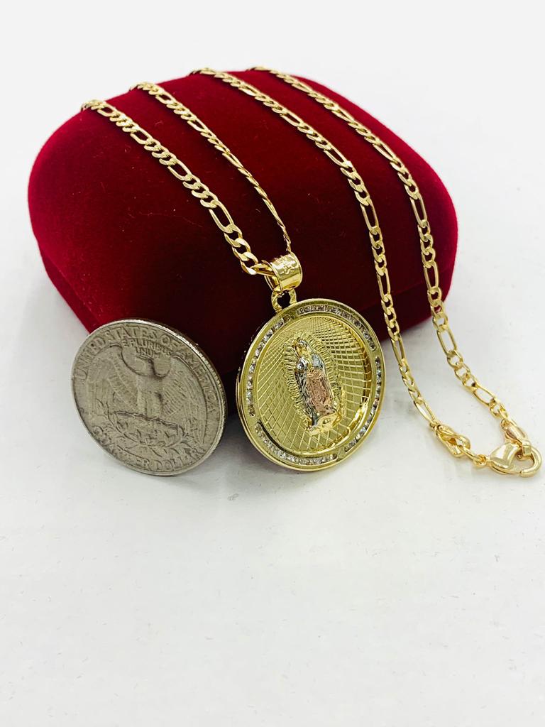 14K Gold Filled Tri Color Virgen de Guadalupe Necklace 28x25 Figaro Chain for Womens