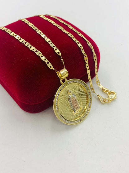 14K Gold Filled Virgen de Guadalupe Necklace Pendant 28x25 Valentino Chain.