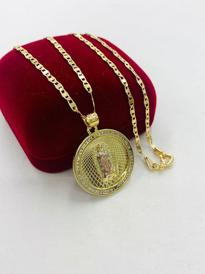 14K Gold Filled Virgen de Guadalupe Necklace Pendant 28x25 Valentino Chain.